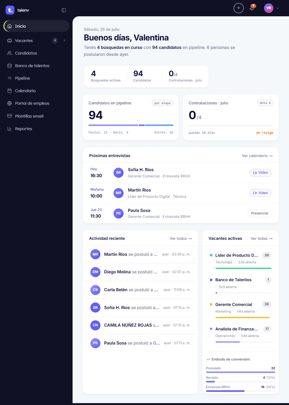Dashboard Talenv: vacantes activas, candidatos en pipeline y métricas de cobertura
