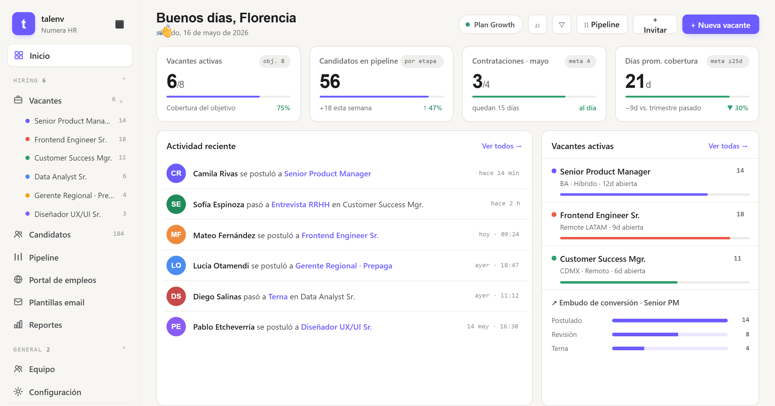 Dashboard Talenv: vacantes activas, candidatos en pipeline y métricas de cobertura
