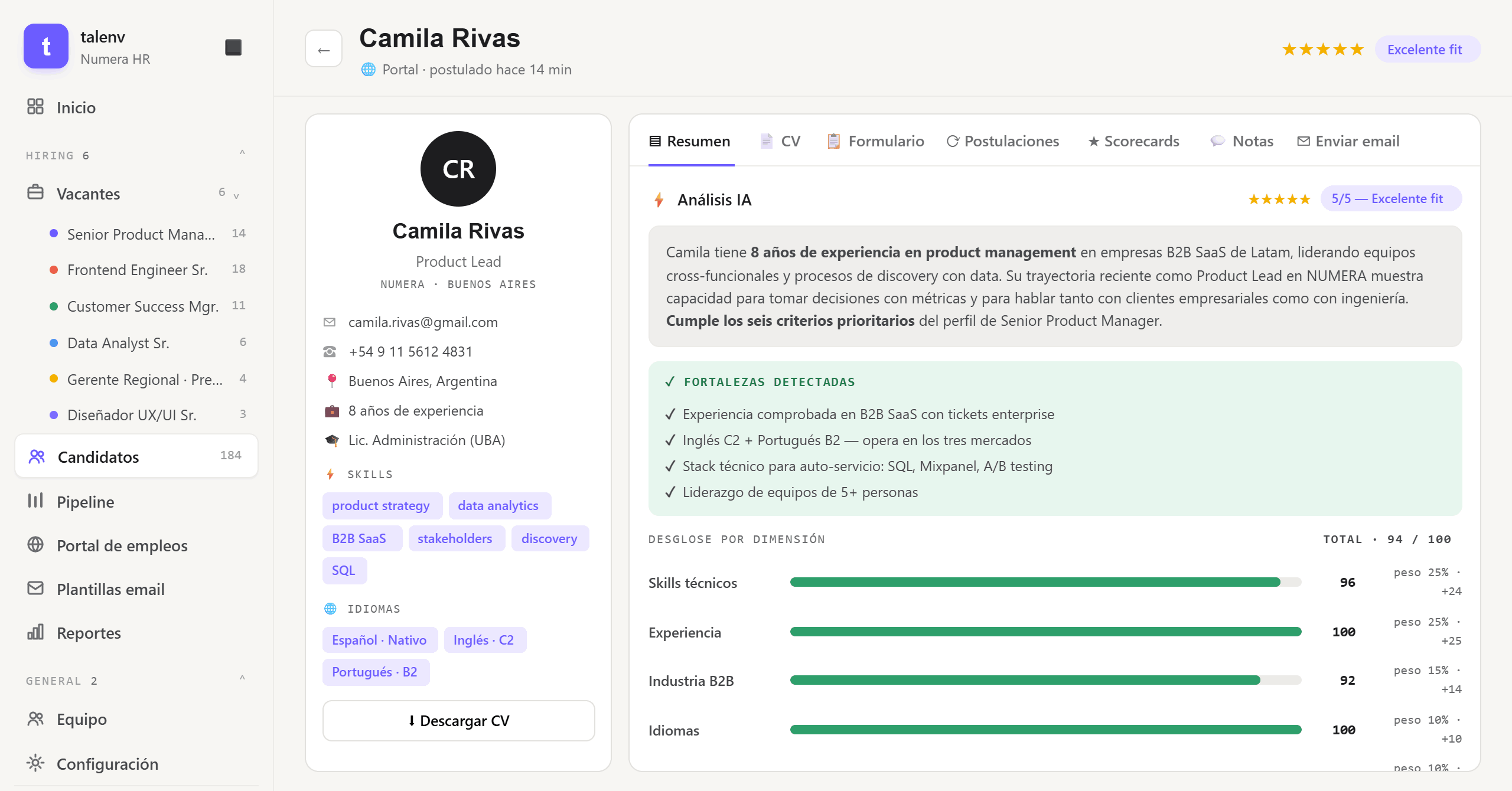 Análisis IA de un candidato con desglose por dimensiones y fortalezas detectadas